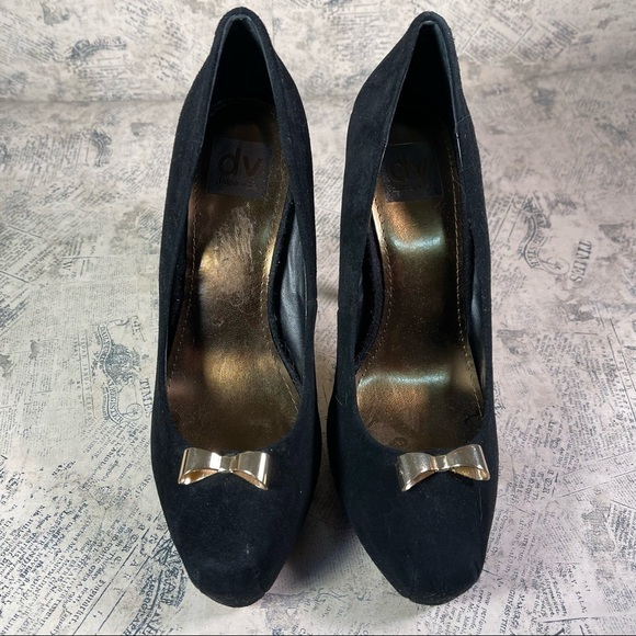 Dolce Vita Black Suede Pumps with Gold Bow Platforms - Picture 4 of 12